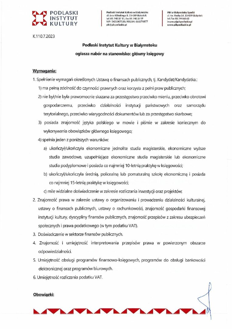 Nabór na stanowisko główny księgowy
